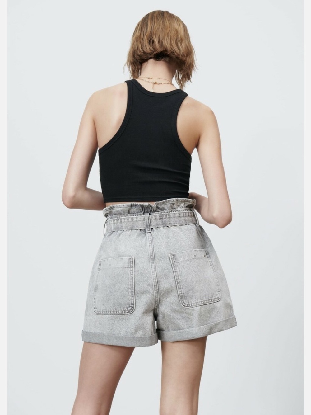High-Waist Washed Gray Denim Paperbag Shorts - Picture 2 of 5